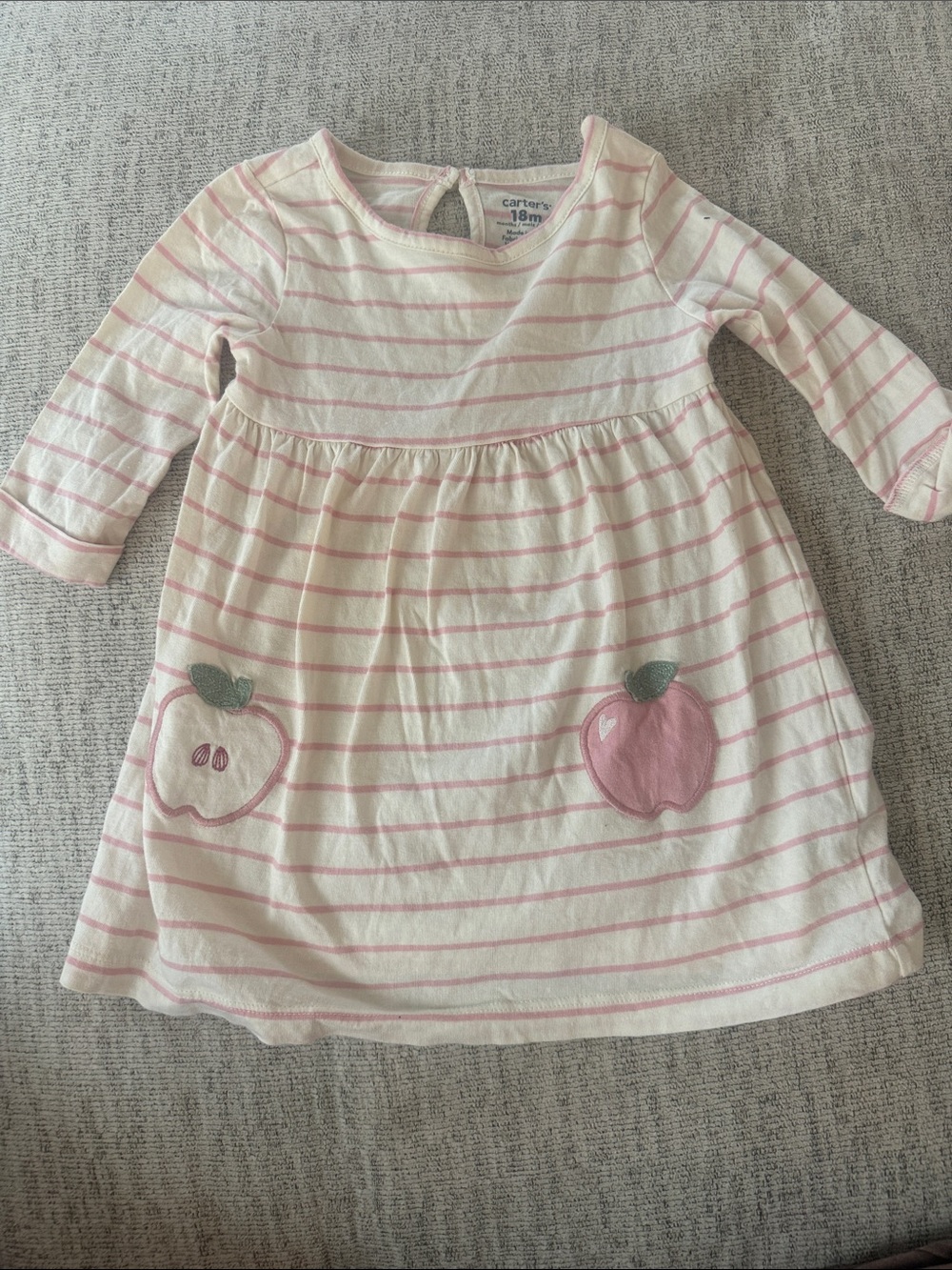 Carter's Cream and Pink Striped Apple Appliqué Long-Sleeve Dress